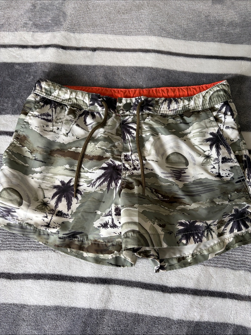 H&M Olive and Black Tropical Print Swim Shorts with Orange Waist Lining